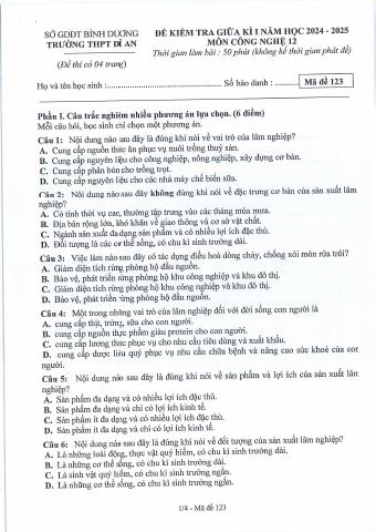 Đề thi Giữa kì 1 Công nghệ 12 năm 2024-2025 trường THPT Dĩ An (Bình Dương)